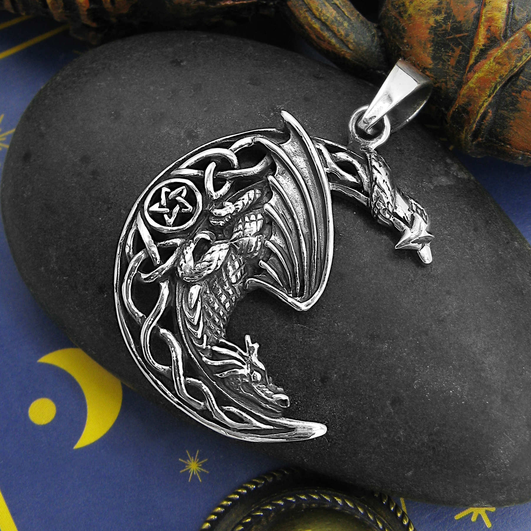 Winged Dragon on Crescent Moon with Celtic Knots and Pentagram Good Luck Cut-Out Oxidized Pendant | Woot & Hammy