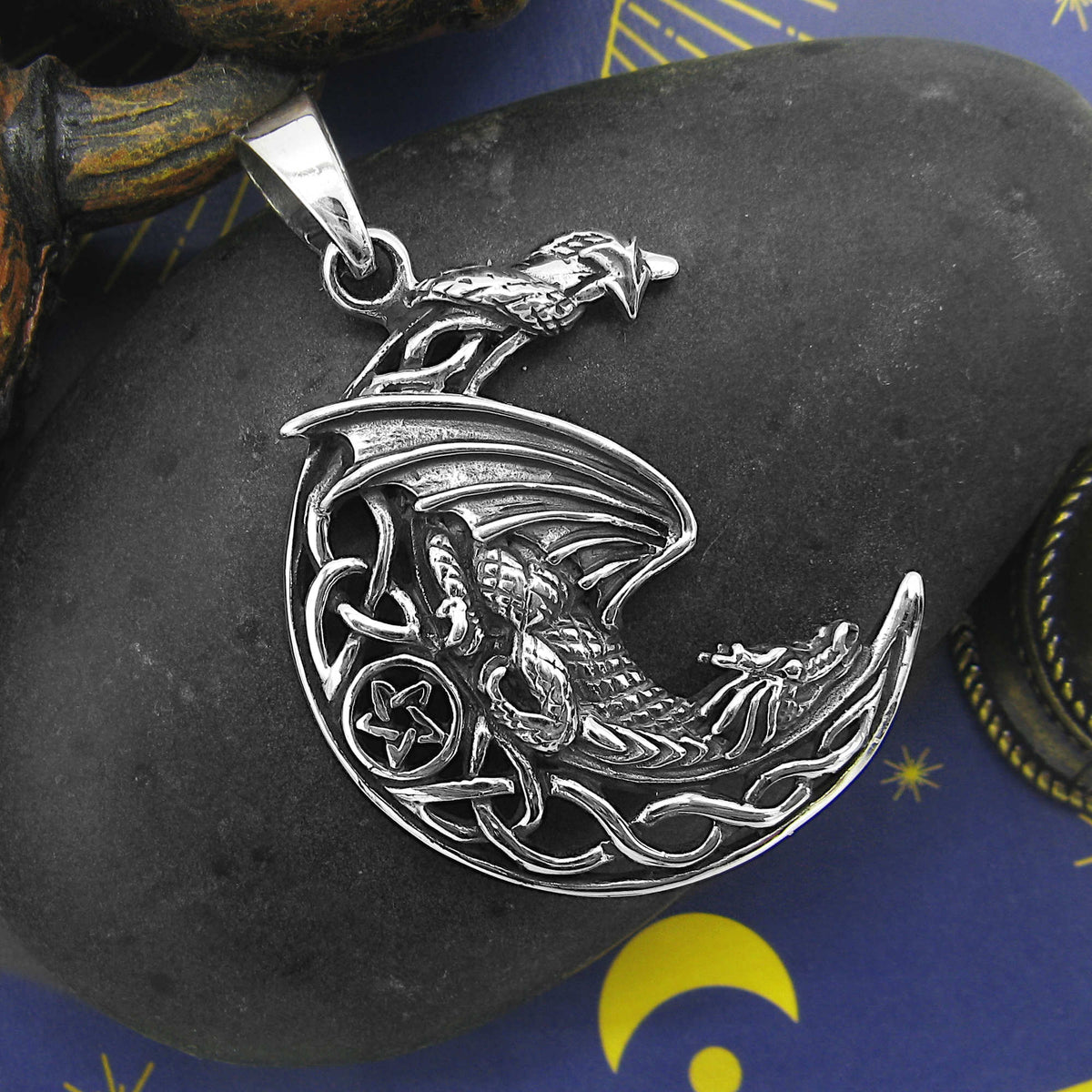 Winged Dragon on Crescent Moon with Celtic Knots and Pentagram Good Luck Cut-Out Oxidized Pendant | Woot & Hammy