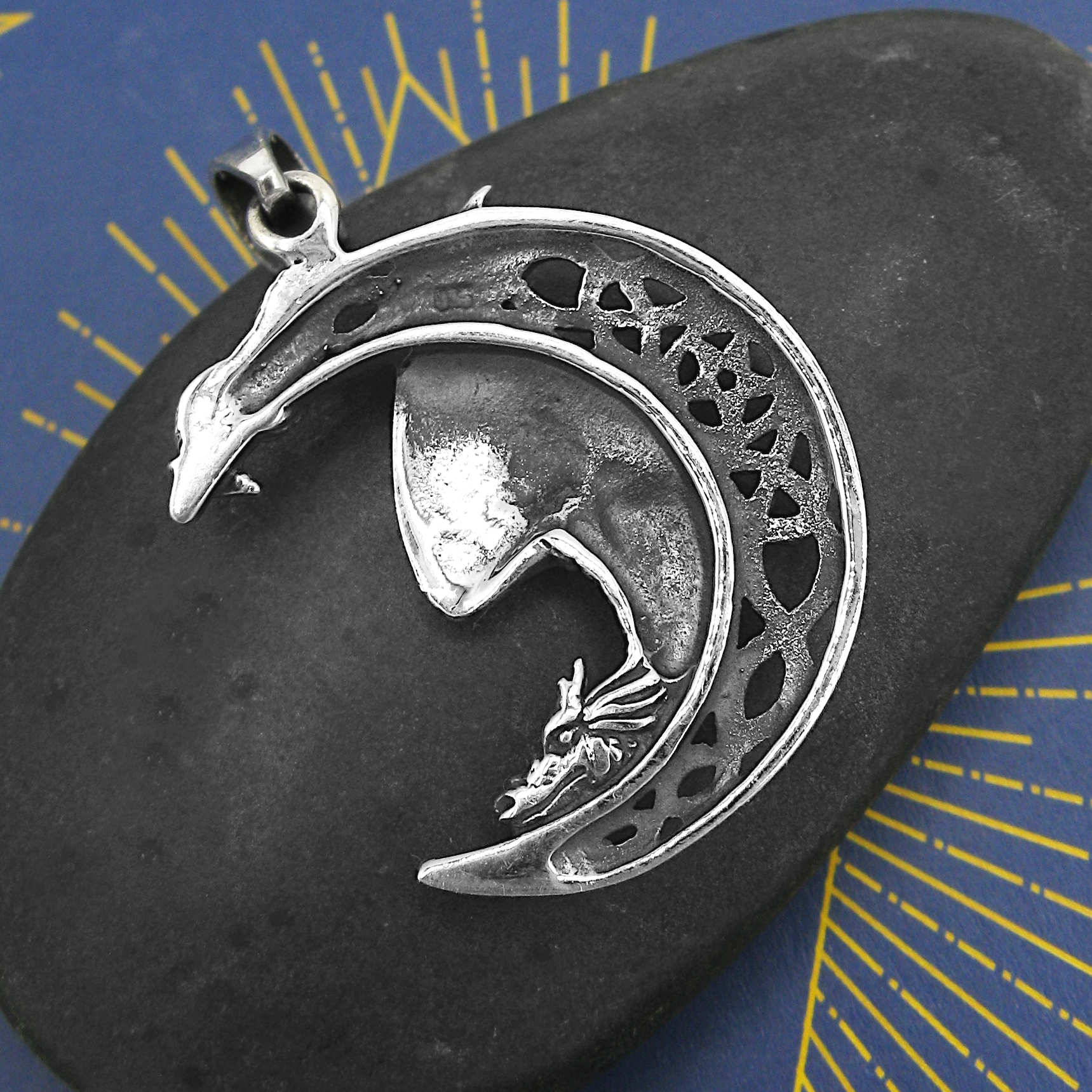 Winged Dragon on Crescent Moon with Celtic Knots and Pentagram Good Luck Cut-Out Oxidized Pendant | Woot & Hammy