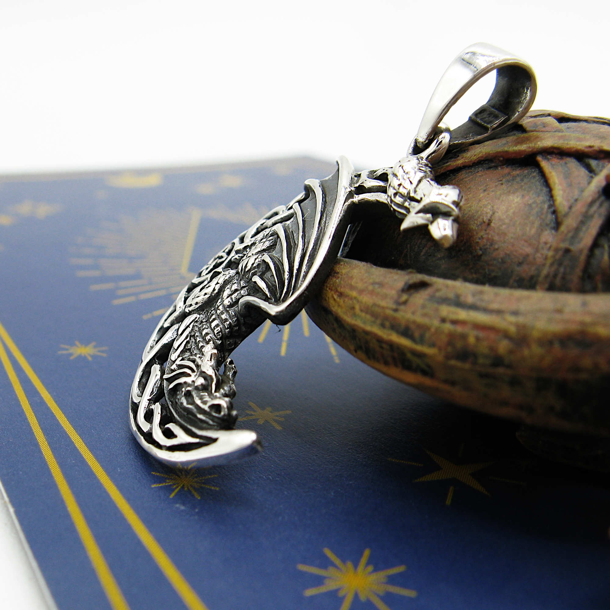 Winged Dragon on Crescent Moon with Celtic Knots and Pentagram Good Luck Cut-Out Oxidized Pendant | Woot & Hammy