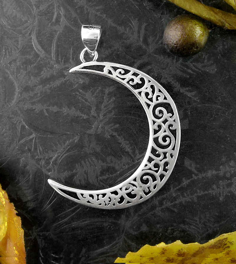 Crescent Moon With Decorative Spirals and Swirls Pendant