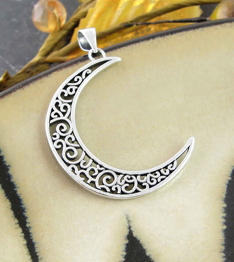 Crescent Moon With Decorative Spirals and Swirls Pendant
