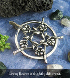 Five Flowers Hidden Pentacle Pentagram Pendant Necklace Antiqued Floral Vine Blossoms Blooms Branch Twig Wiccan Wicca Pagan Witchcraft  laying flat