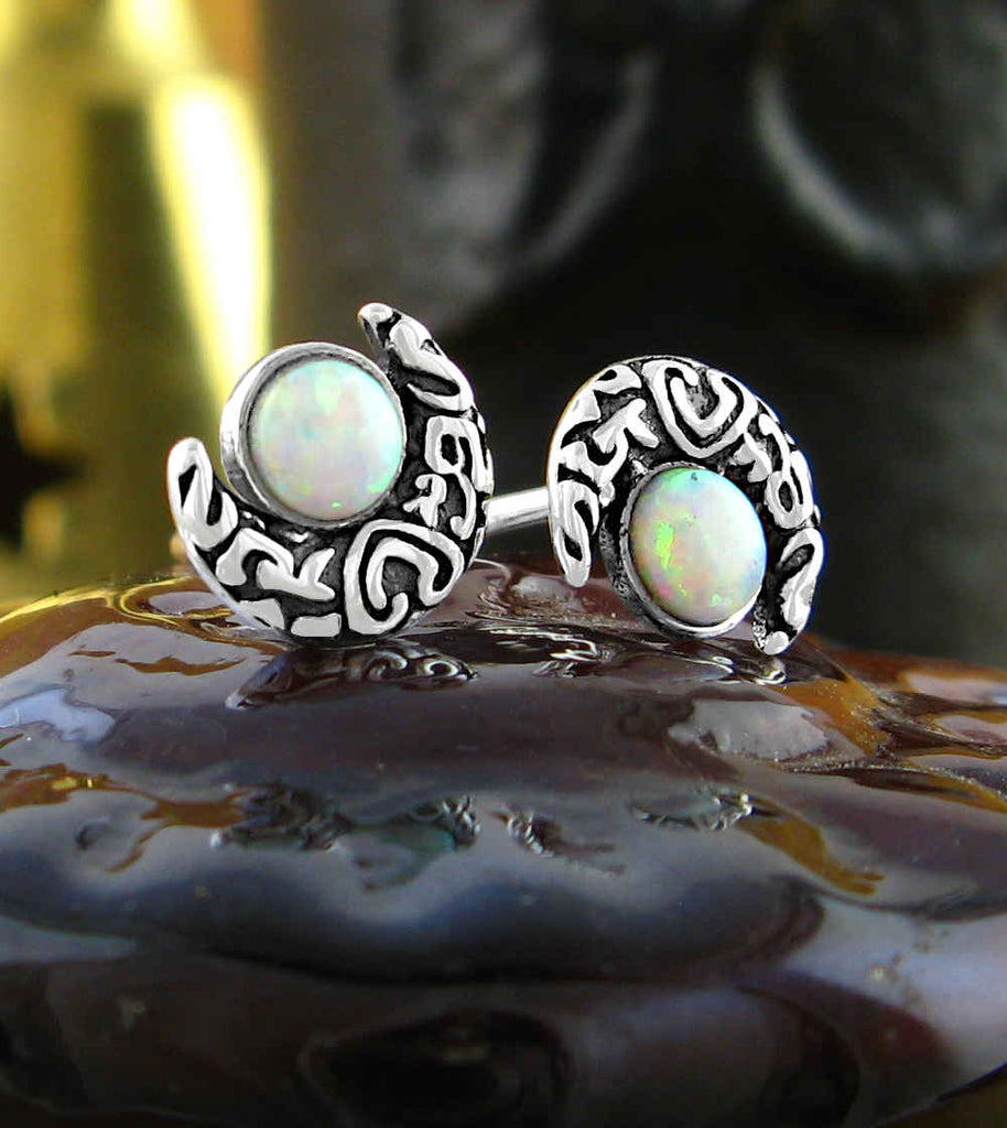 Decorative Crescent Moon With Lab Opal Earrings | Woot & Hammy