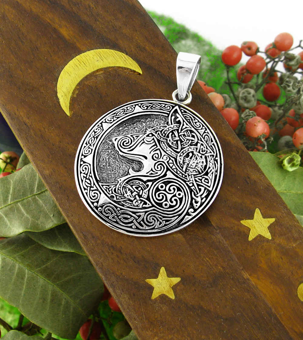 Large Round Celtic Wolf With Knot Border Oxidized Medallion Pendant | Woot & Hammy