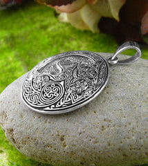 Large Round Celtic Wolf With Knot Border Oxidized Medallion Pendant | Woot & Hammy