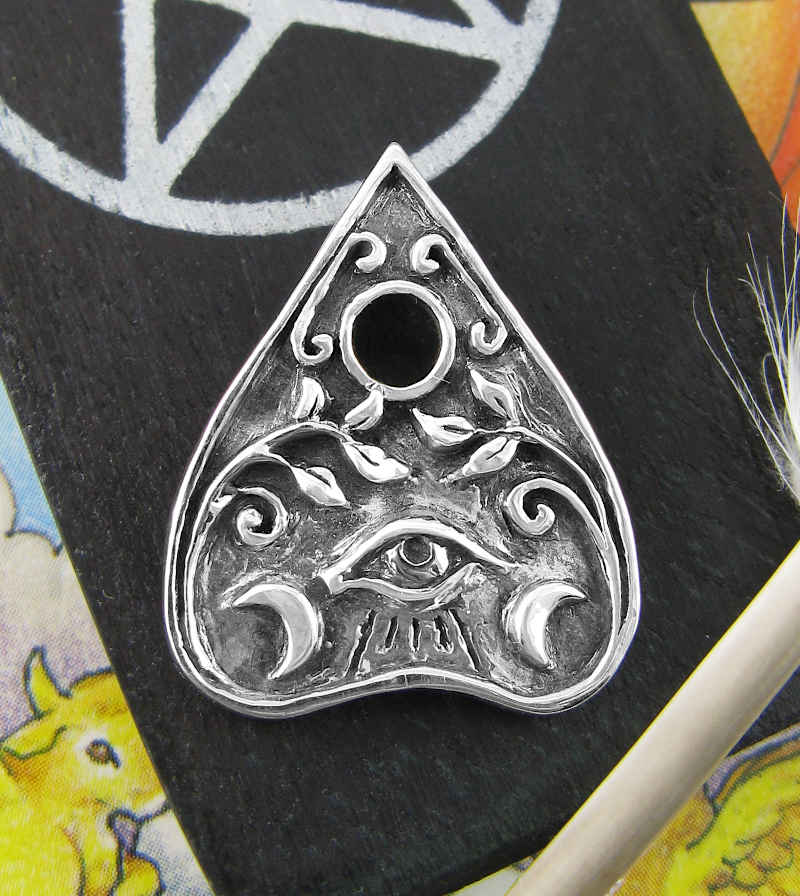 Ouija Planchette Pendant Necklace Crescent Moons Floral Vines Evil Eye Spirit Trance Talking Board Paranormal Communication Occult front view two