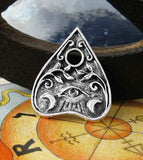 Ouija Planchette Pendant Necklace Crescent Moons Floral Vines Evil Eye Spirit Trance Talking Board Paranormal Communication Occult front view