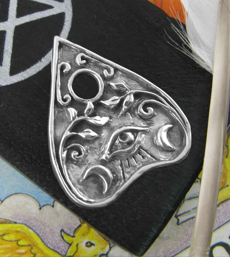 Ouija Planchette Pendant Necklace Crescent Moons Floral Vines Evil Eye Spirit Trance Talking Board Paranormal Communication Occult close up