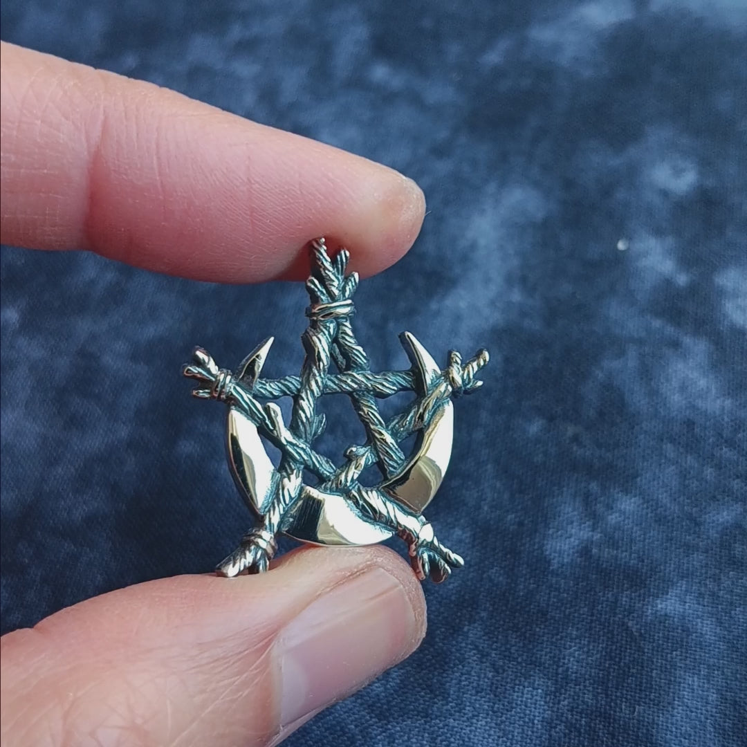 Crescent Moon Bound by Twigs Pentagram Pendant, Handmade