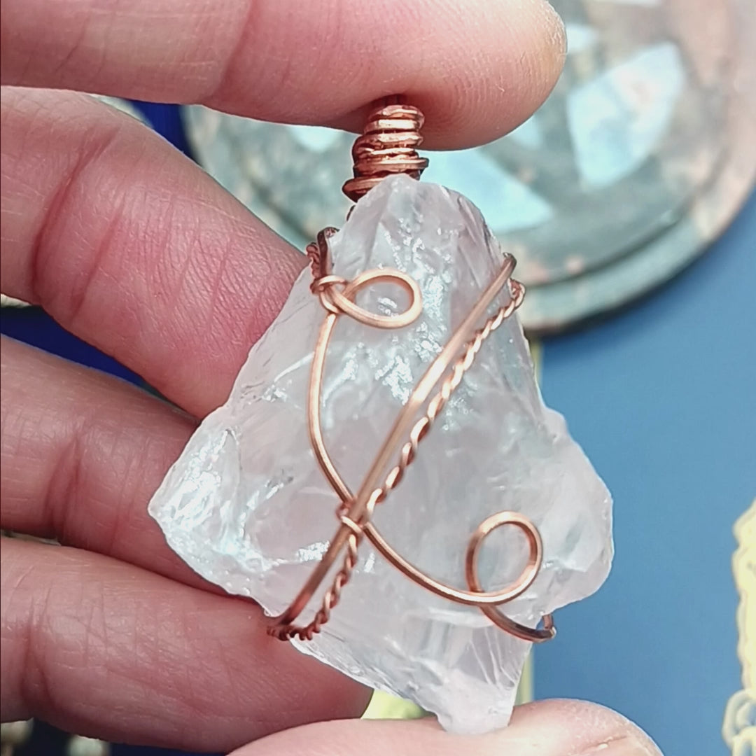 Chunky Raw Rose Quartz Crystal Pendant, Copper Wire-Wrapped, Handmade