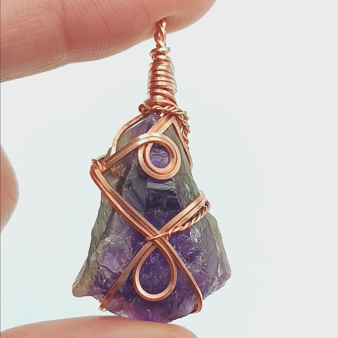 Raw Amethyst Crystal Point Pendant – Handmade Copper Wire Wrapped Necklace for Healing & Protection