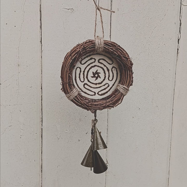 Small Wreath Hecate's Wheel Symbol Wood-burned Cone-Shaped Bells Handmade Protection Guidance Goddess | Woot & Hammy