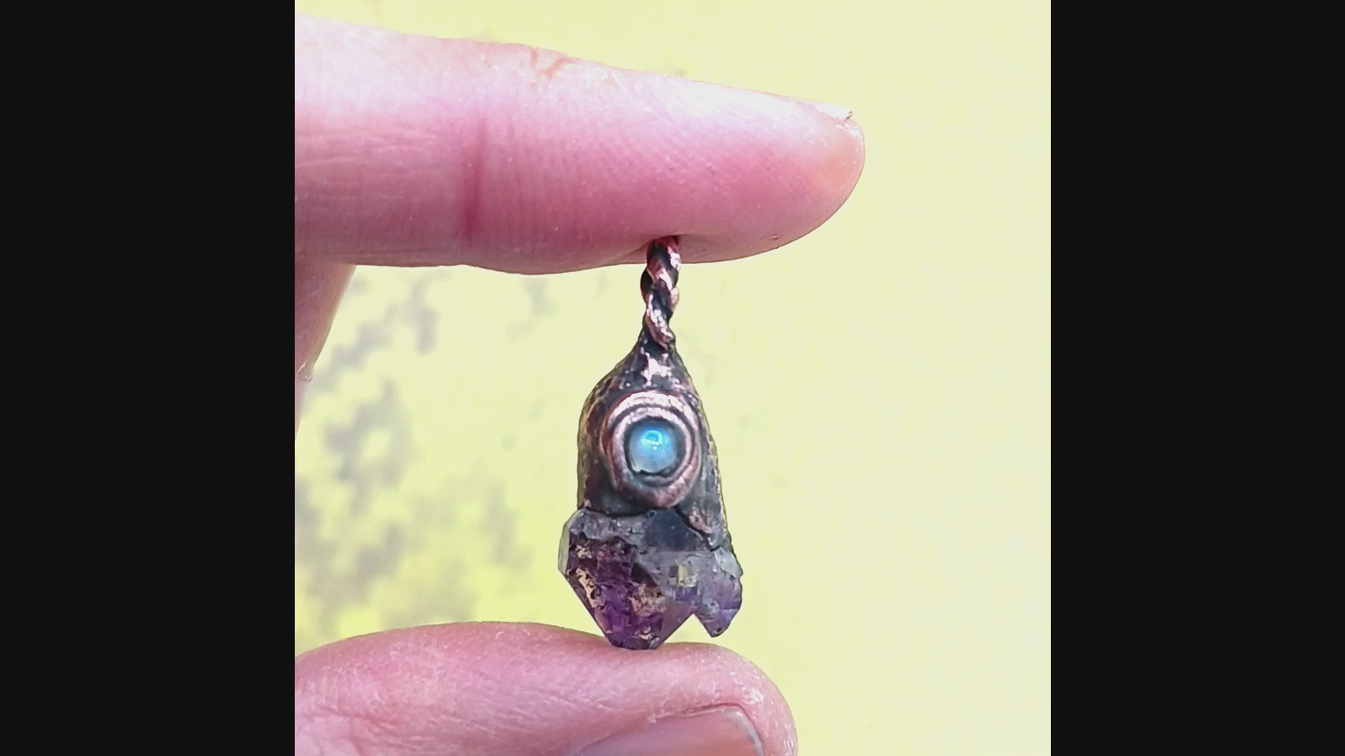 tiny raw amethyst crystal moonstone copper pendant video of all angles