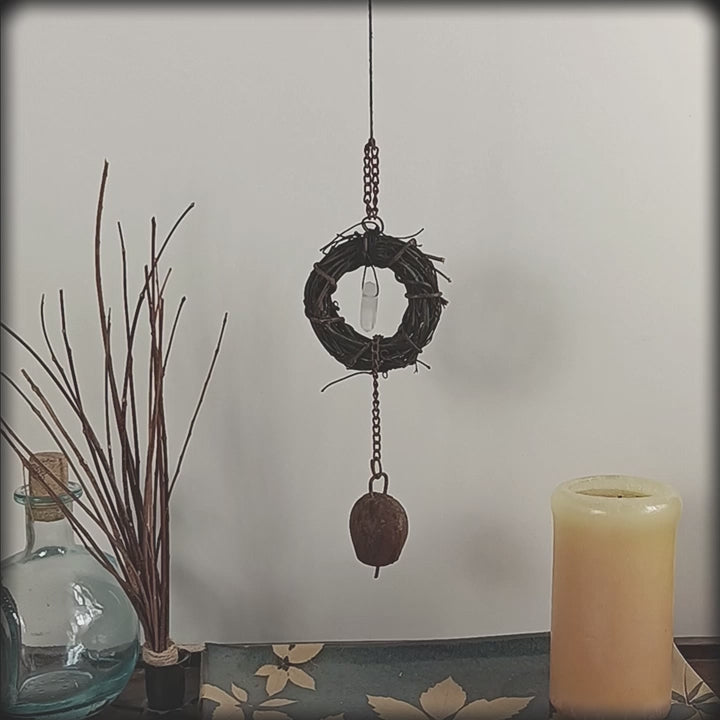 Hanging Witch's Bell Wreath Quartz Rusty Bell Chain Handcrafted Wiccan Protection