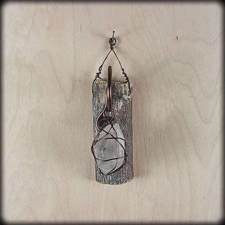Wall Hanging: Weathered Branch with Wire-Wrapped Raw Quartz - Handcrafted