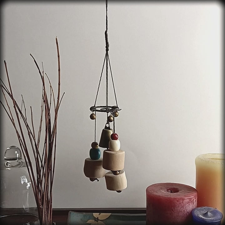 Hybrid Hanging Witch's Bell Windchime Driftwood Spiral Wooden Ceramic Beads Handmade Cleansing Protection Against Evil | Woot & Hammy