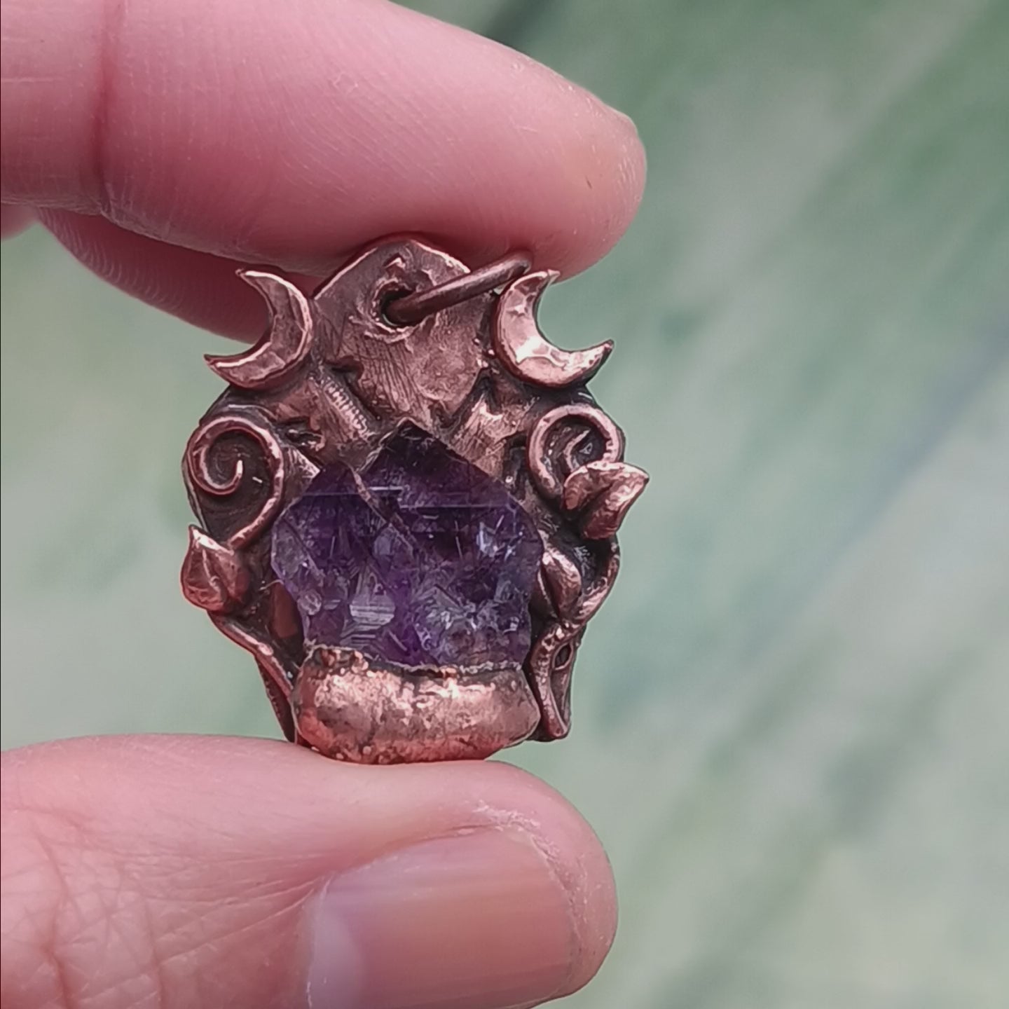 Raw Tanzanian Amethyst Crystal Rune Copper Necklace, Electroformed Pendant, video showing all sides