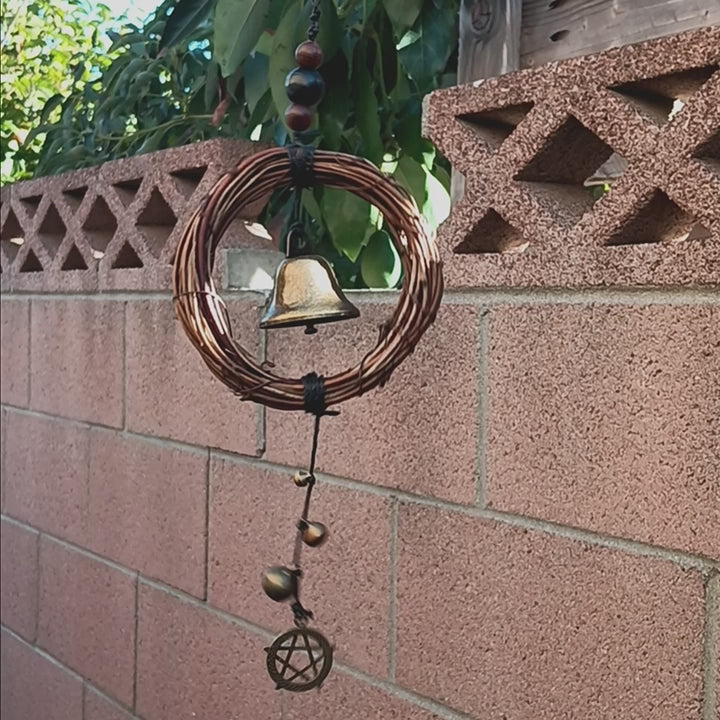 Hanging Witch's Bell with Small Wreath, Bells, Wooden Beads, and Pentagram - Handmade