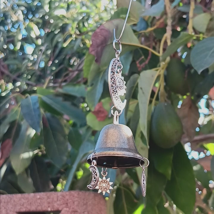 Hanging Witch's Bell with Silvery Crescent Moon and Sun Charms - Handmade