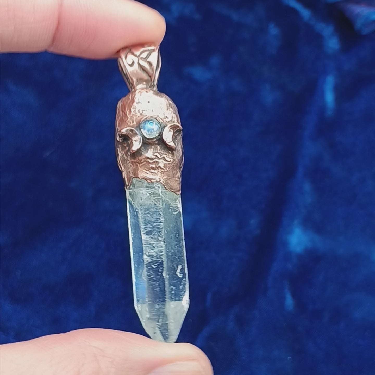 Copper pendant with triple moon and crystal, video showing all sides