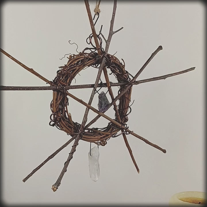 Wall Hanging with Wreath, Rustic Twig Pentagram, Raw Amethyst and Quartz Crystals - Handmade - Protection Calmness Pagan Wiccan Sacred Space Altar Nature Rustic