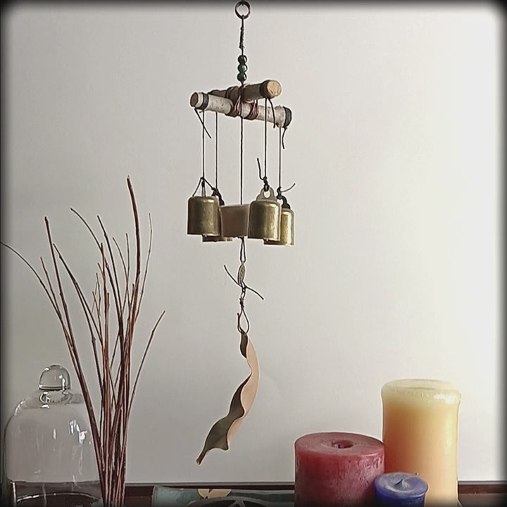 Hanging Witch's 4-Bell Windchime Twigs Leaf Glass Beads Charm Handmade For Cleansing Protection Against Evil | Woot & Hammy