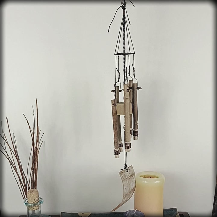 Soft-Sounding Windchime Twigs Chunky Driftwood Bark Evil Eye and Pentacle Charms Handmade | Woot & Hammy