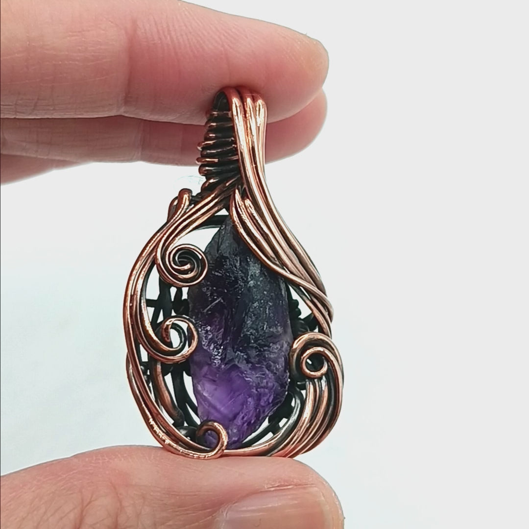 Freeform Swirl Raw Dark Amethyst Crystal Oxidized Copper Pendant, 100% Handmade OOAK, Style B