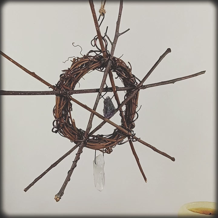 Wall Hanging with Wreath, Rustic Twig Pentagram, Raw Amethyst and Quartz Crystals - Handmade - Protection Calmness Pagan Wiccan Sacred Space Altar Nature Rustic | Woot & Hammy