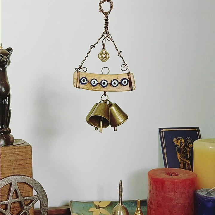 Hanging Witch's Bell w/ 5 Evil Eyes, 3 Bells, Driftwood, Charm and Vine-like Hanger