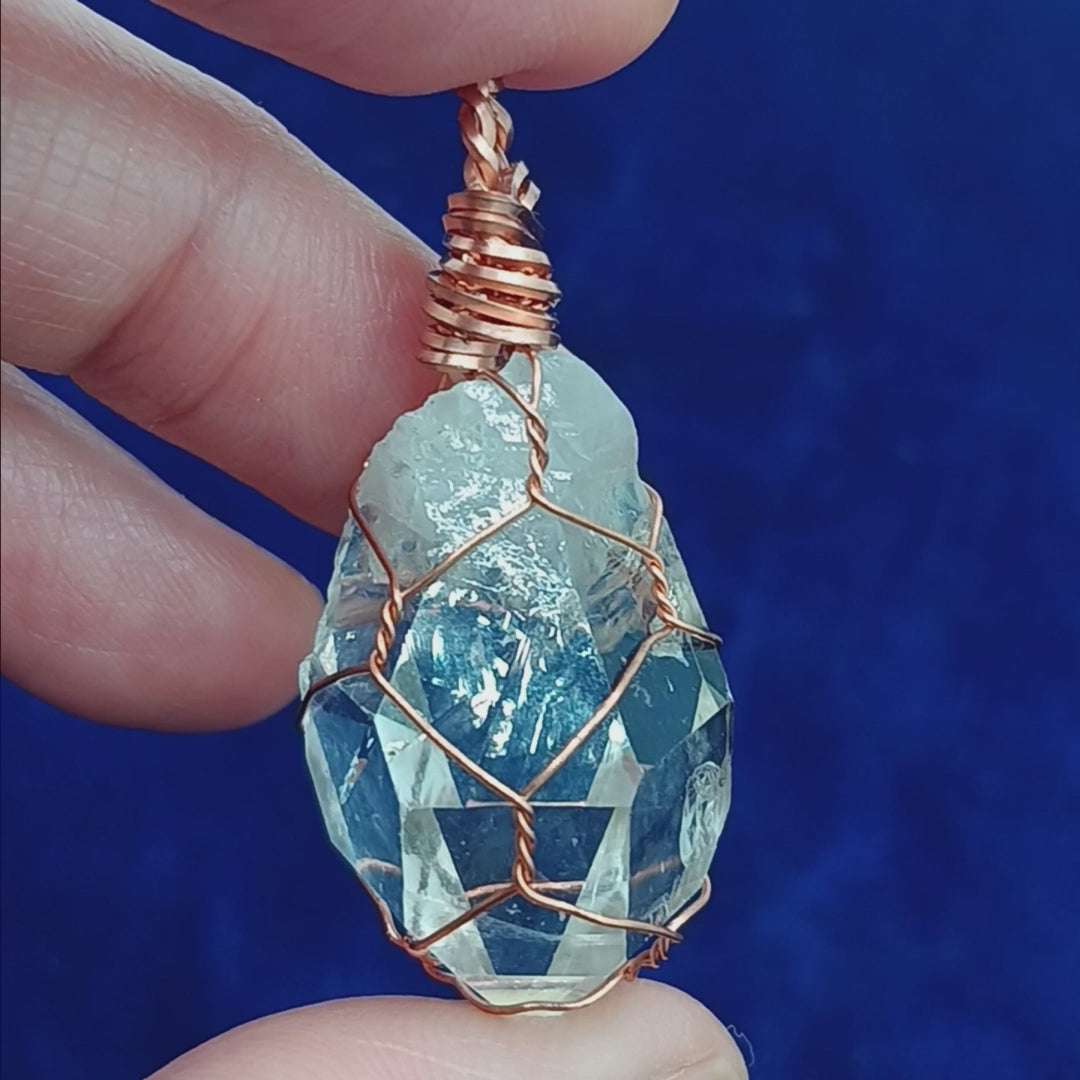 Clear Smoky Raw Quartz Crystal Pendant Necklace, Copper Wire-Wrapped, Handmade, with 20" Chain
