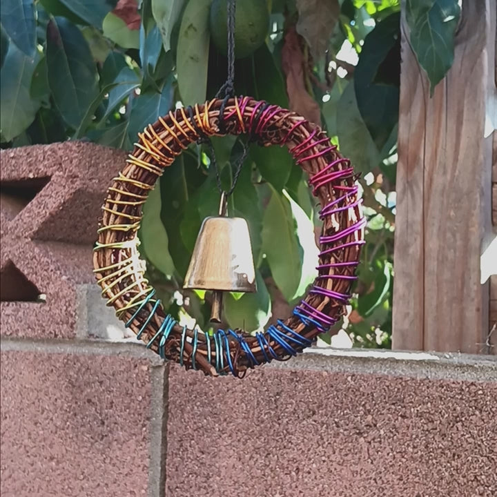 Hanging Witch's Bell in Small Wreath Bound in Multi-Colored Rainbow Wire  - Handmade