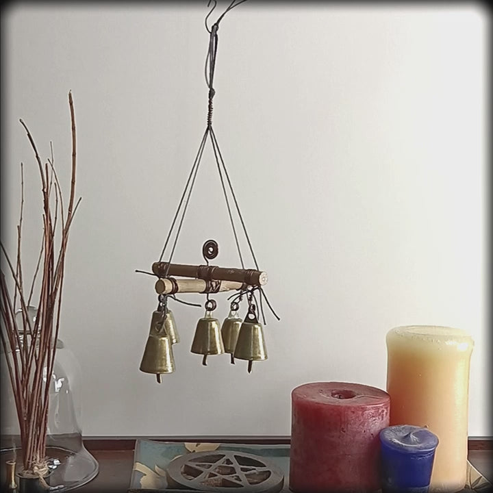 Witch's Hanging Rustic Cross of Twigs w/ Five Bells and Spiral Handmade Pagan | Woot & Hammy