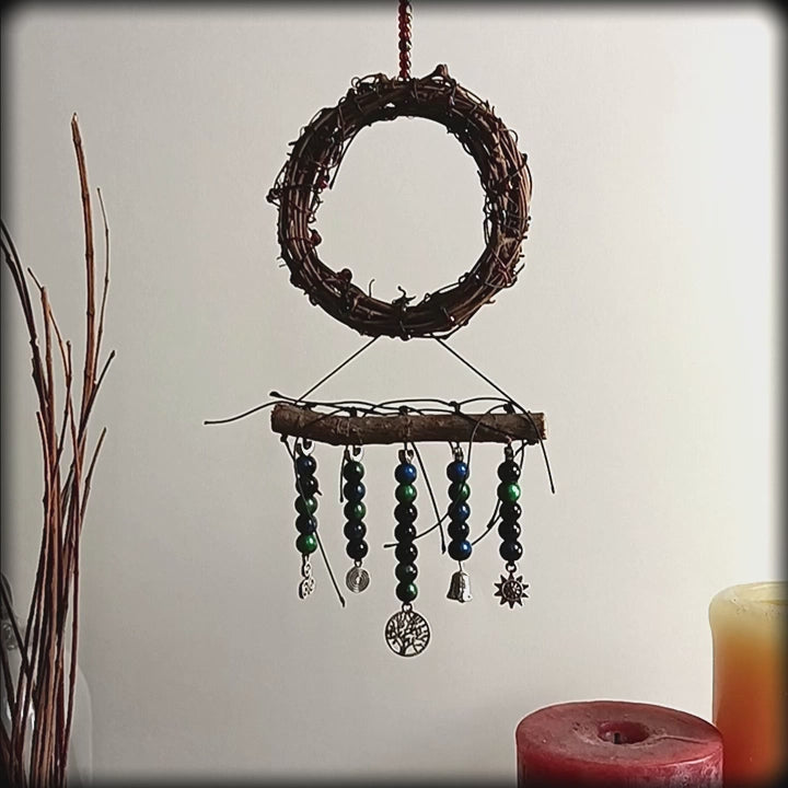Wreath Wall Hanging with Tree of Life, Twig, Triskele, Spiral, Sun, Bell Charms and Glass Beads - Handmade - Pagan Wiccan Decoration Sacred Space Altar Nature Rustic