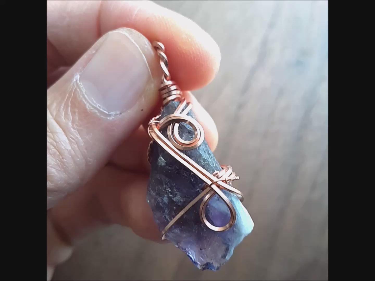 Raw Amethyst Crystal Pendant Necklace w/ 2 Swirls, Dark Purple, Copper Wire-Wrapped, w/ 20" Chain, Handmade