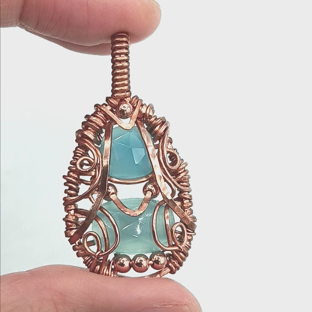 Faceted Blue & Aqua Chalcedony Copper Wire-Wrapped Pendant with 20" Chain, 100% Handmade
