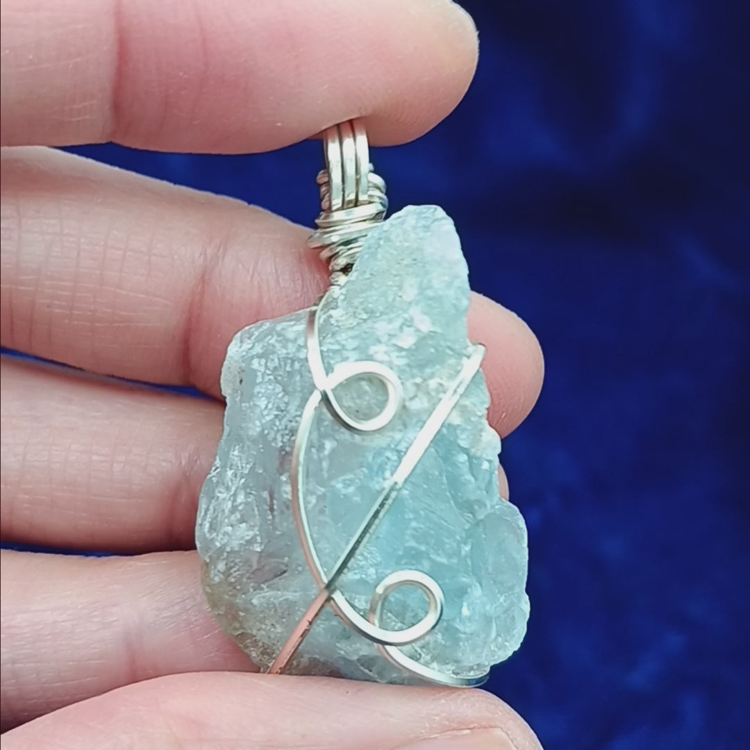 Raw Blue Celestite Crystal Pendant, Silver Wire-Wrapped, with 20" Chain, Handmade