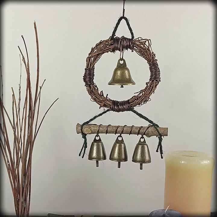 Hanging Witch's Bell Wreath 4 Bells Twig Branch Black Twine Handmade Energy Cleansing Protection Pagan Wiccan Decoration Sacred Space Nature Rustic Primitive | Woot & Hammy