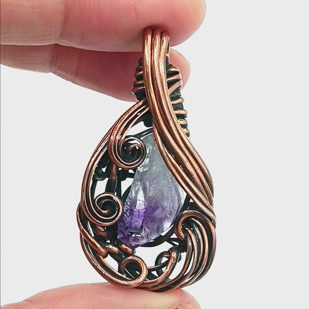 Freeform Swirl Raw Amethyst Crystal Oxidized Copper Pendant Wire Wrapped, 100% Handmade OOAK, Style A
