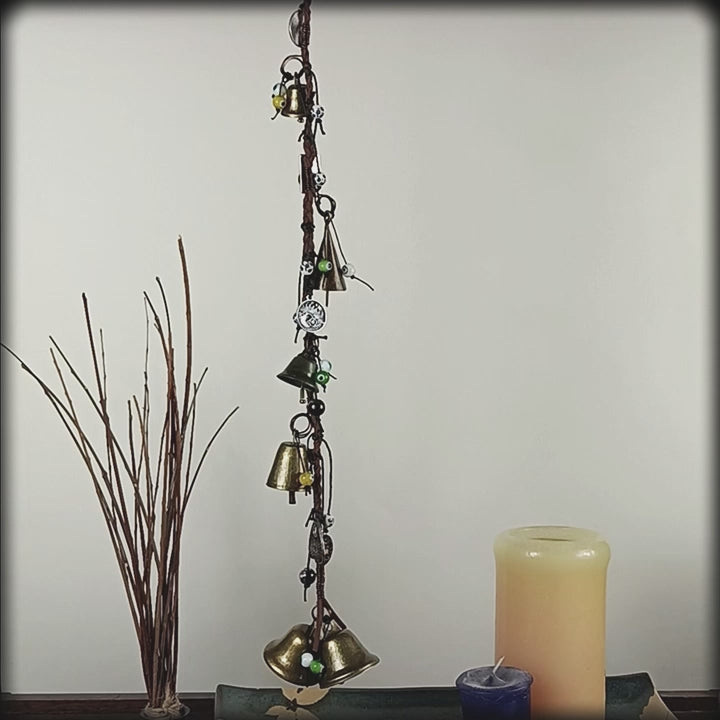 Long Hanging Witch's Bell Braided Leather Evil Eyes Glass Porcelain Beads Moon Charms Ouija Handmade Protection Cleansing Pagan Wiccan Decoration Sacred Space Primitive | Woot & Hammy