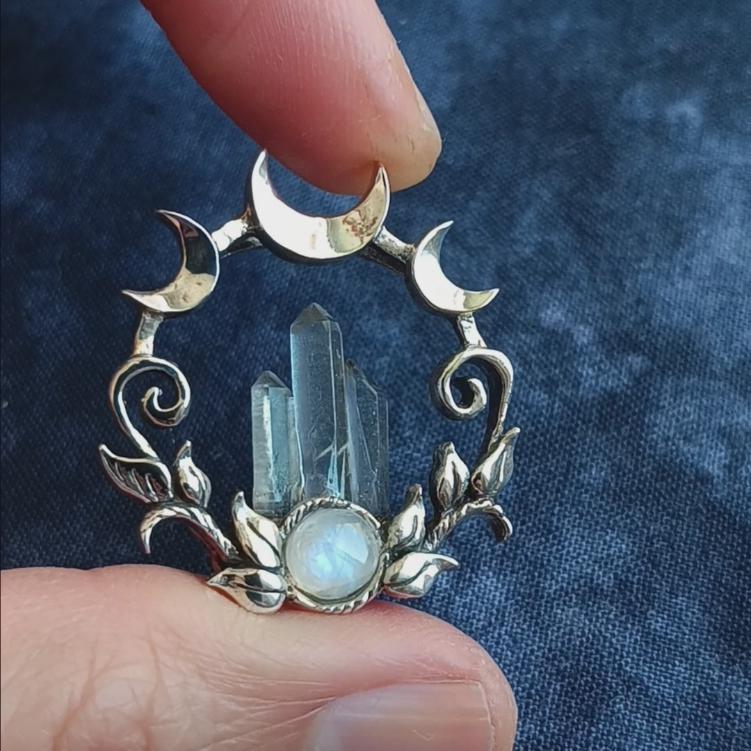 Fantasy Moon & Vines Circle Pendant with Raw Quartz Crystals and Gemstone Cabochon, Handmade