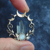 Fantasy Moon & Vines Circle Pendant with Raw Quartz Crystals and Gemstone Cabochon, Handmade