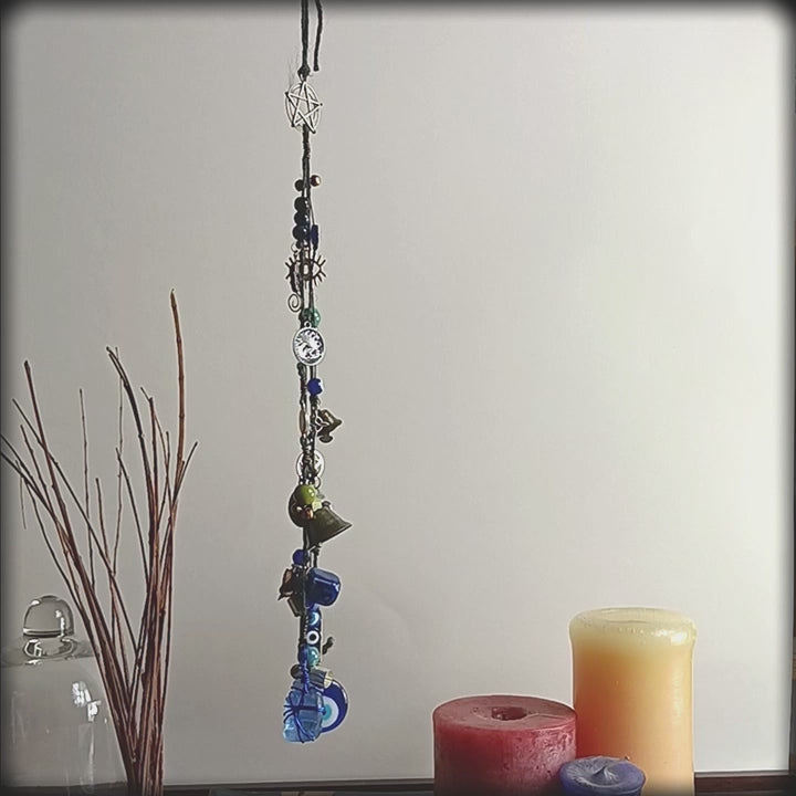 Hanging Witch's Bells Strung w/ Evil Eyes Pentagrams Witch's Knot Tumbled Glass Tarot Beads & Charms Handmade For Cleansing and Protection Against Evil | Woot & Hammy