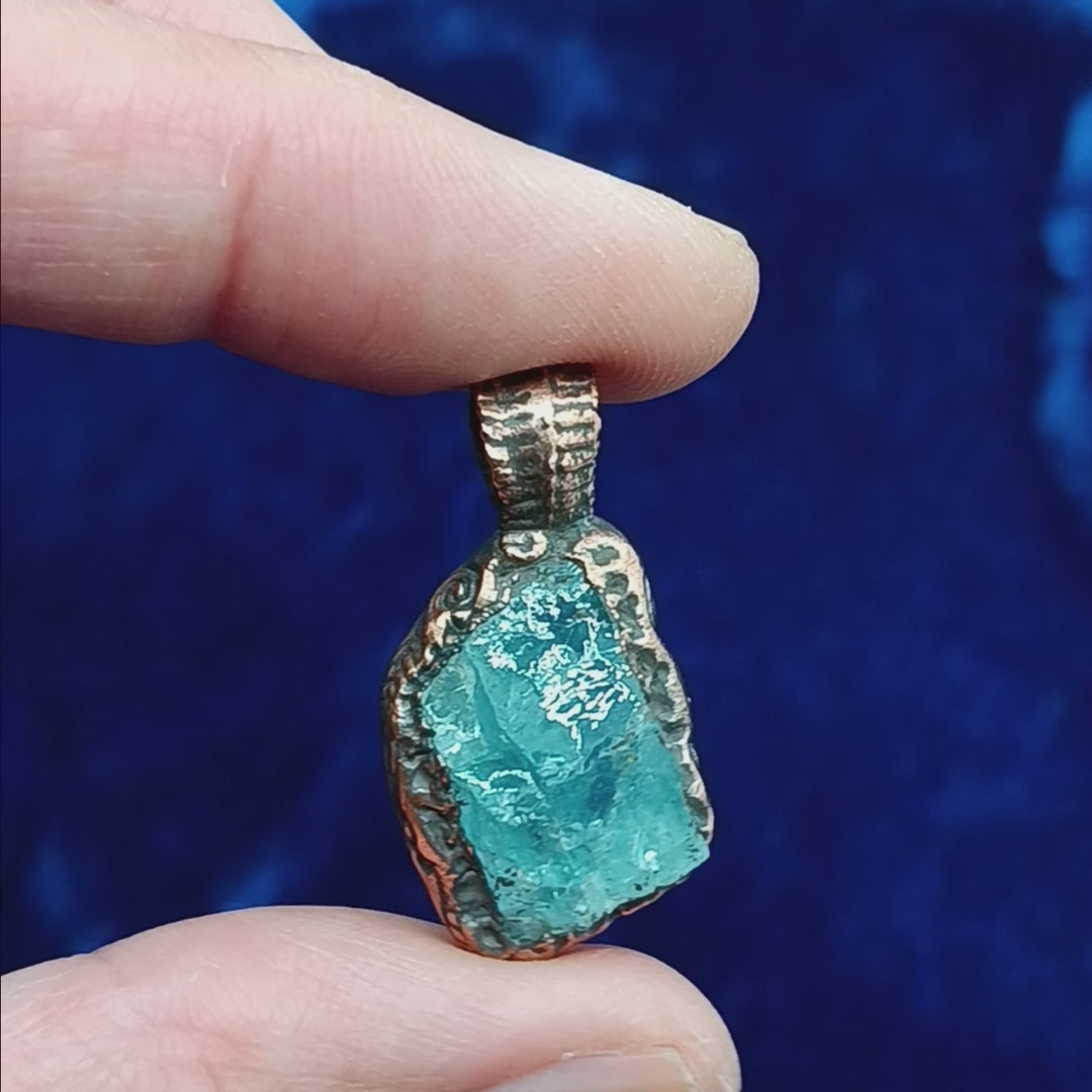 Raw Aquamarine Crystal Copper Pendants w/ Mystical Symbols - Handmade Electroform Jewelry