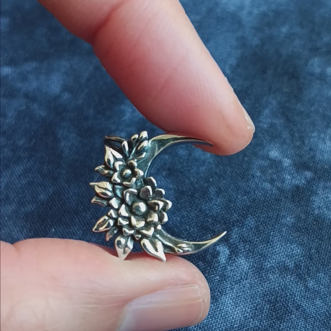 Mystical Floral Crescent Moon Pendant, Handmade