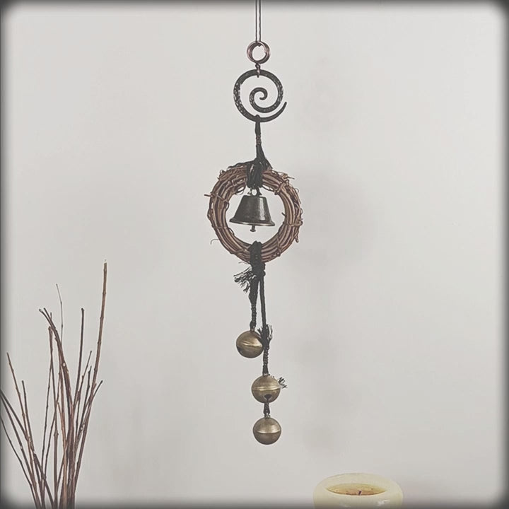 Witch's Bell Small Wreath Black Spiral 3 Large Sleigh Bells Black Cord Energy Cleansing Wiccan Witchy Decor | Woot & Hammy
