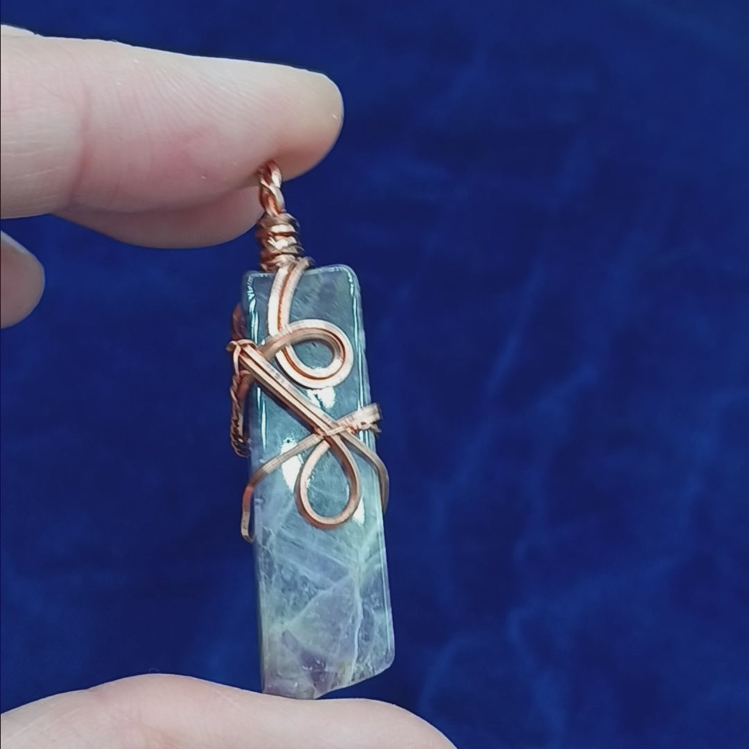 Polished Amethyst Bar Swirl Pendant Necklace, Copper Wire-Wrapped, Handmade w/ 20-Inch Chain