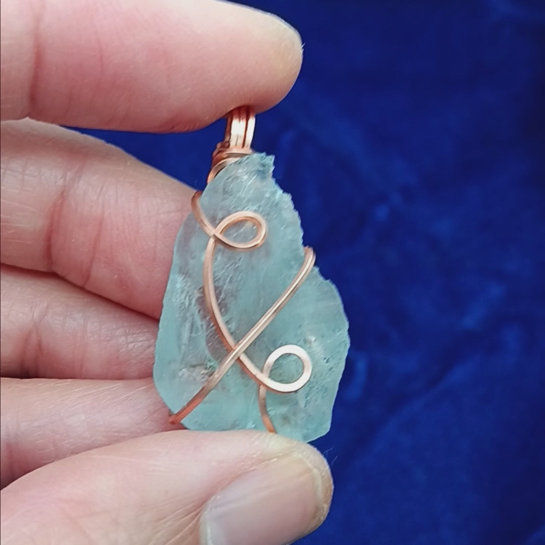 Celestite Crystal Wire-Wrapped Necklace in Copper, Sky-Blue Gemstone Pendant, Handmade