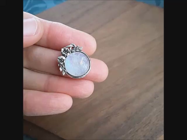 floral moonstone cabochon pendant round handmade sterling silver